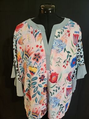 Floral & Rooster Print Popover Tunic in Pastel Pink & Aqua